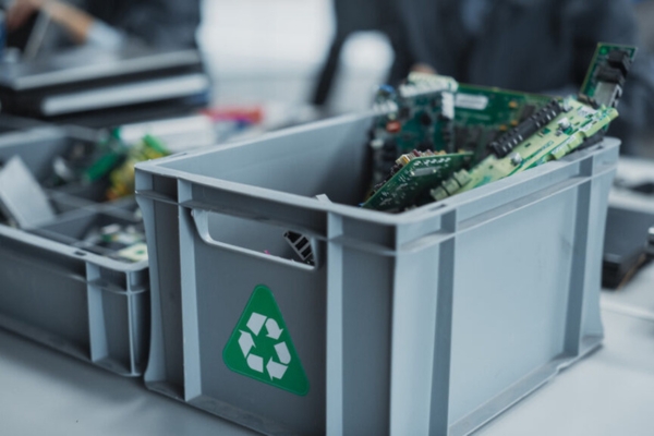 recycling bin with electronics